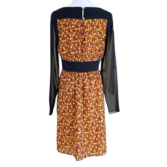 TED BAKER BARTA YELLOW ORANGE FLORAL BLACK SHEER CHIFFON PLEATED A-LINE DRESS - Picture 3 of 14